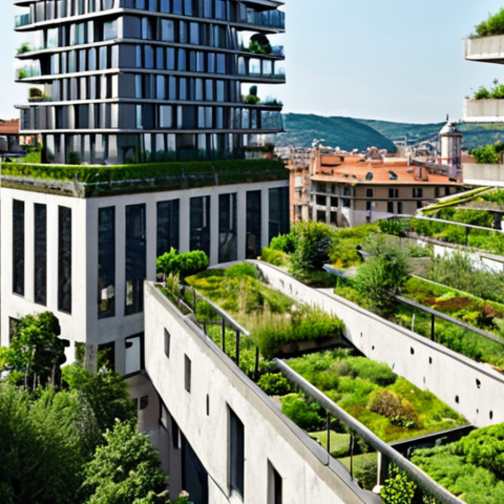 **Prompt 1: Living Architecture in a European City**
    A vibrant, modern Italian city skyline, dominated by buildings featuring lush vertical gardens and expansive green roofs. Sunlight illuminates the facades, highlighting diverse flora integrated seamlessly with contemporary architecture. People are seen enjoying rooftop terraces and street-level green spaces, emphasizing the blend of urban life with nature. The overall atmosphere is fresh, innovative, and aesthetically pleasing, showing concrete structures breathing with natural elements.