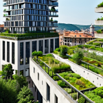 **Prompt 1: Living Architecture in a European City**
    A vibrant, modern Italian city skyline, dominated by buildings featuring lush vertical gardens and expansive green roofs. Sunlight illuminates the facades, highlighting diverse flora integrated seamlessly with contemporary architecture. People are seen enjoying rooftop terraces and street-level green spaces, emphasizing the blend of urban life with nature. The overall atmosphere is fresh, innovative, and aesthetically pleasing, showing concrete structures breathing with natural elements.