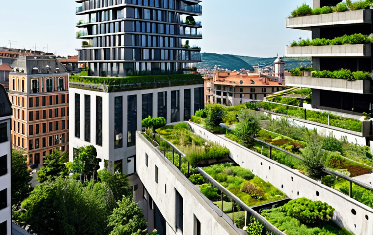 **Prompt 1: Living Architecture in a European City**
    A vibrant, modern Italian city skyline, dominated by buildings featuring lush vertical gardens and expansive green roofs. Sunlight illuminates the facades, highlighting diverse flora integrated seamlessly with contemporary architecture. People are seen enjoying rooftop terraces and street-level green spaces, emphasizing the blend of urban life with nature. The overall atmosphere is fresh, innovative, and aesthetically pleasing, showing concrete structures breathing with natural elements.