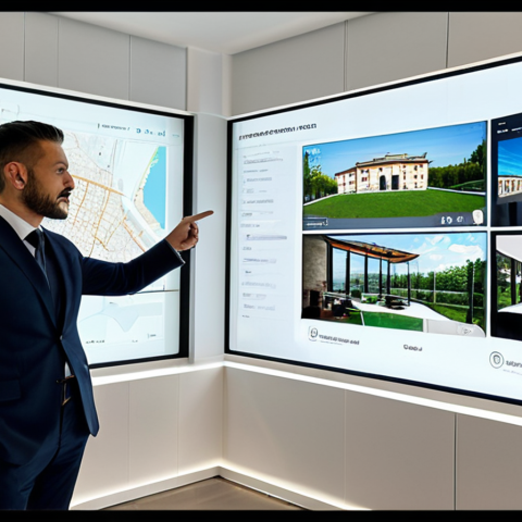 A professional Italian real estate agent, a man in a modest business suit, stands in a sleek, ultra-modern office in Milan, looking at large transparent digital screens displaying immersive 360-degree virtual tours of a luxurious villa in Tuscany and real-time market data visualizations powered by AI. He is pointing towards a detailed property analysis on screen with a natural pose. The office features sophisticated lighting and panoramic city views, fully clothed, appropriate attire, safe for work, perfect anatomy, correct proportions, professional photography, high quality, family-friendly.