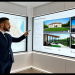 A professional Italian real estate agent, a man in a modest business suit, stands in a sleek, ultra-modern office in Milan, looking at large transparent digital screens displaying immersive 360-degree virtual tours of a luxurious villa in Tuscany and real-time market data visualizations powered by AI. He is pointing towards a detailed property analysis on screen with a natural pose. The office features sophisticated lighting and panoramic city views, fully clothed, appropriate attire, safe for work, perfect anatomy, correct proportions, professional photography, high quality, family-friendly.