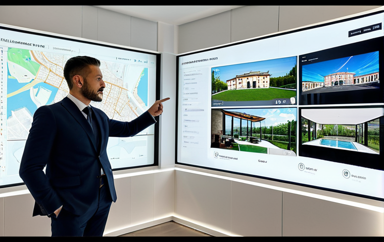 A professional Italian real estate agent, a man in a modest business suit, stands in a sleek, ultra-modern office in Milan, looking at large transparent digital screens displaying immersive 360-degree virtual tours of a luxurious villa in Tuscany and real-time market data visualizations powered by AI. He is pointing towards a detailed property analysis on screen with a natural pose. The office features sophisticated lighting and panoramic city views, fully clothed, appropriate attire, safe for work, perfect anatomy, correct proportions, professional photography, high quality, family-friendly.